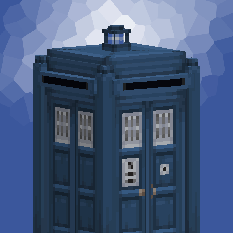 A blue, slightly cyan police telephone box from Doctor Who in minecraft style.