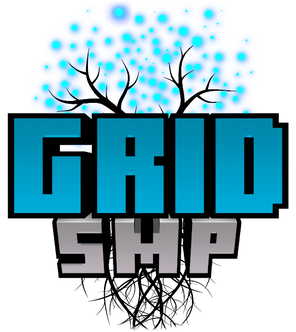 A tree with neon cyan lights instead of leaves, covered by a minecraft-like title text stating "GRID SMP"